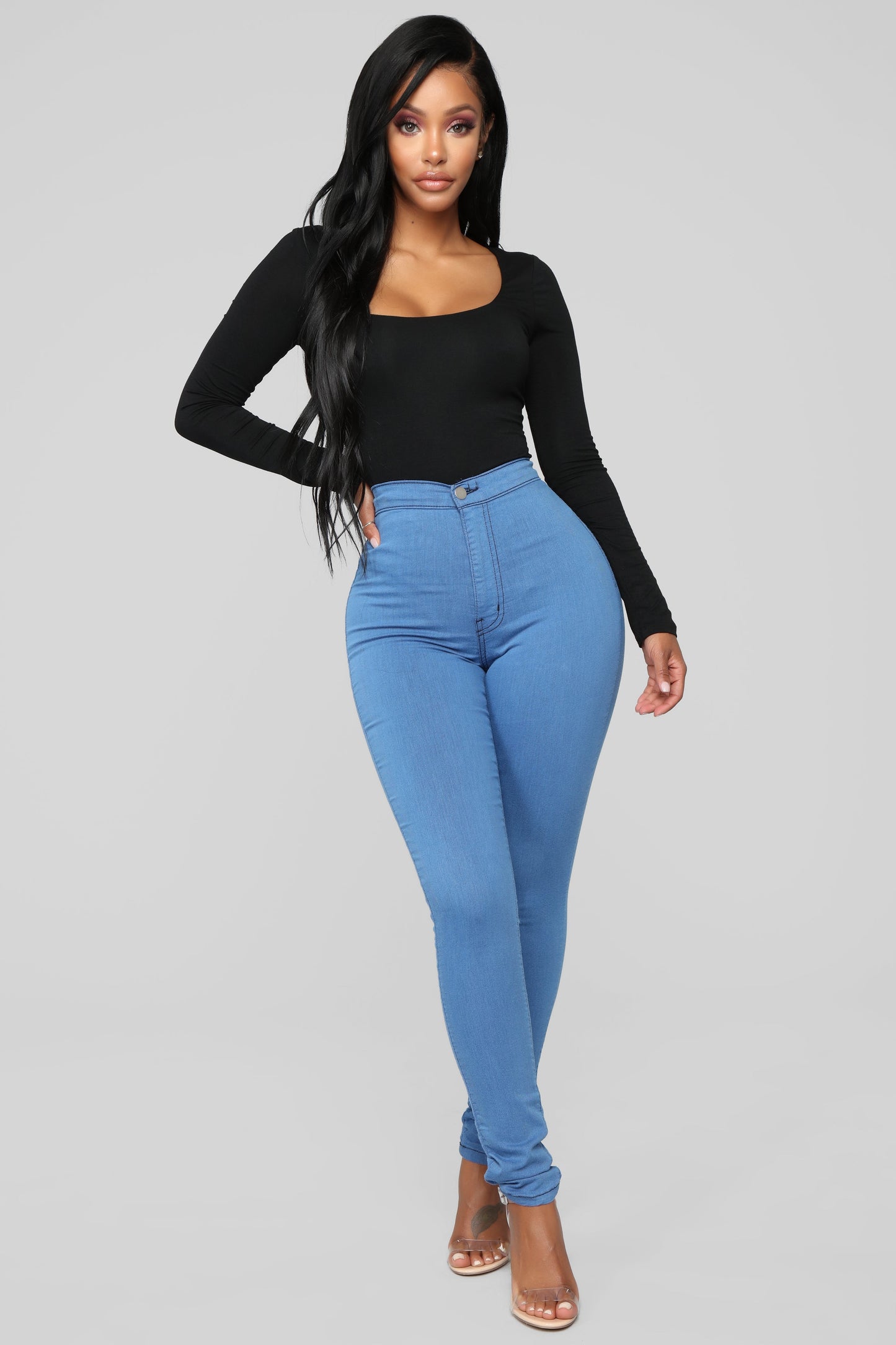 Super High Waist Denim Skinnies - Medium Blue