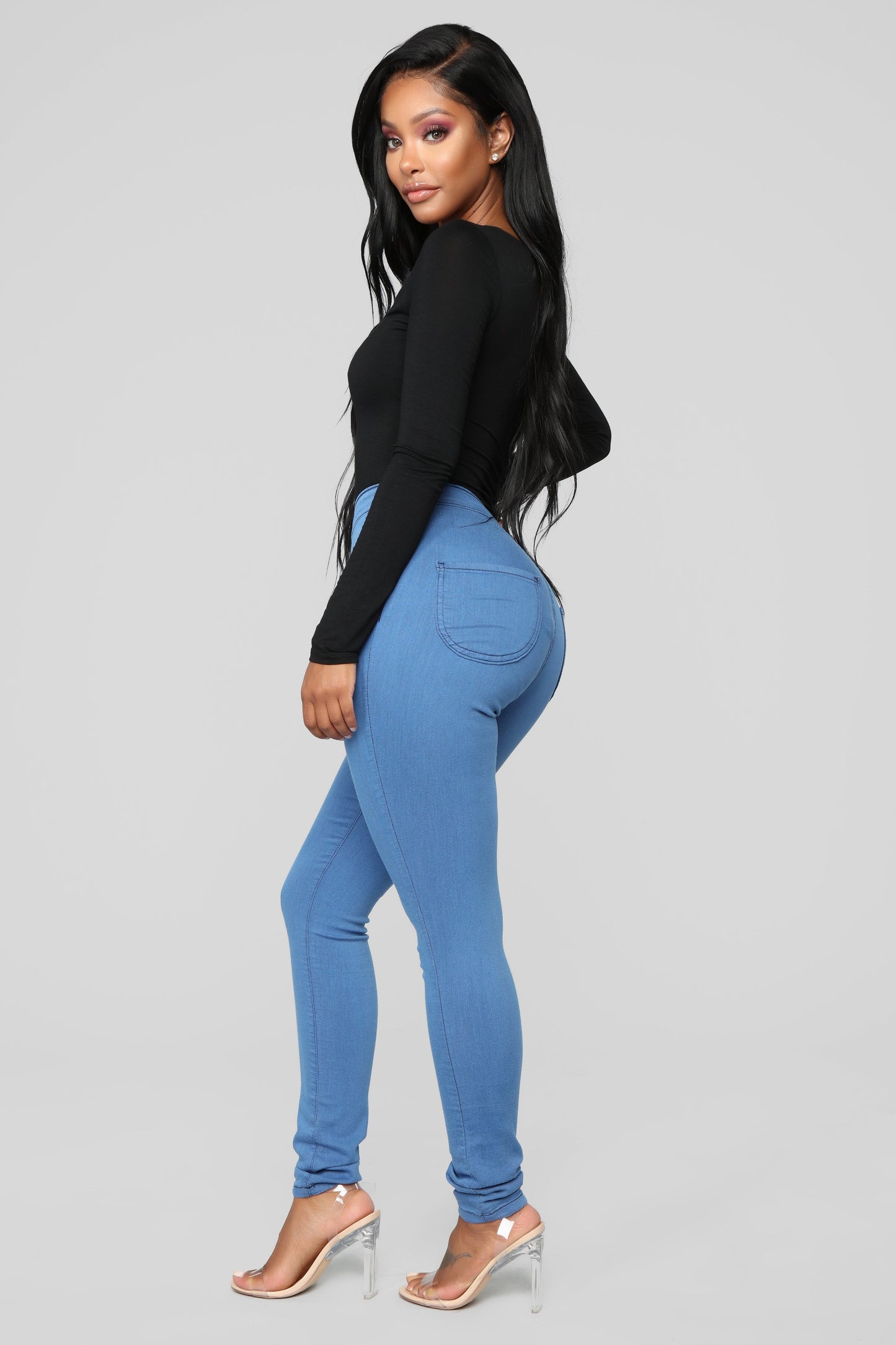 Super High Waist Denim Skinnies - Medium Blue