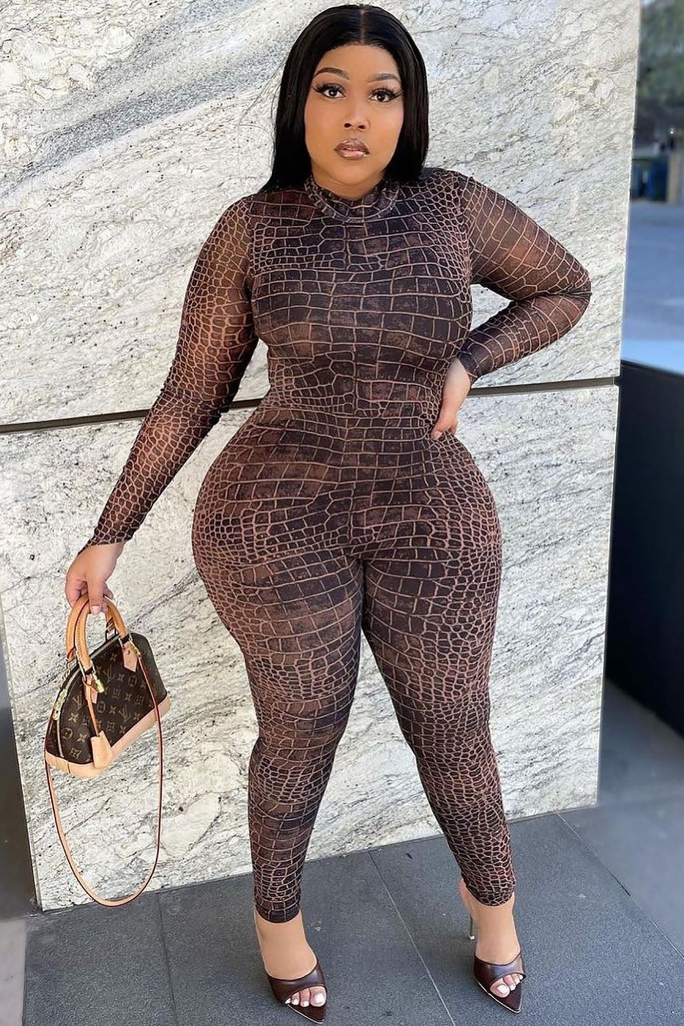 Sexy In Snake Mesh Jumpsuit - Brown